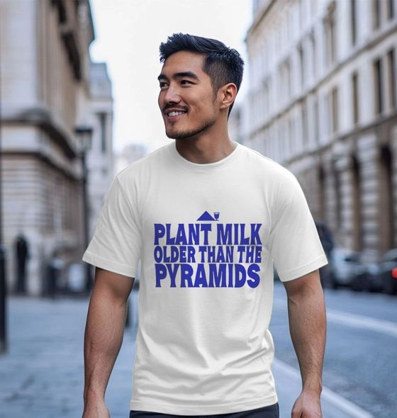 Model wearing the Plant Milk, Older Than The Pyramids tee