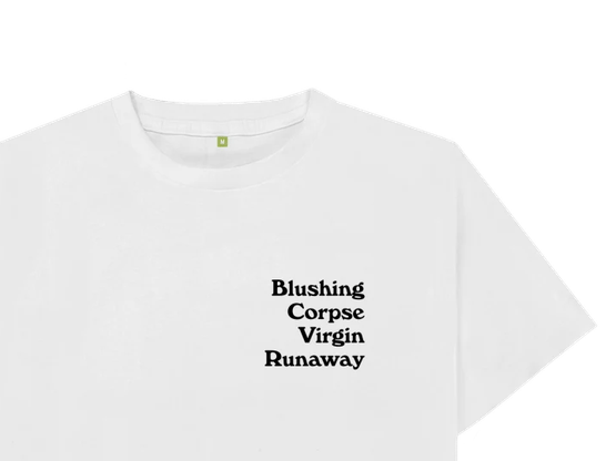 The Bride Tee in white with black printing from Branded + Moniker featuring: blushing, corpse, virgin and runaway.