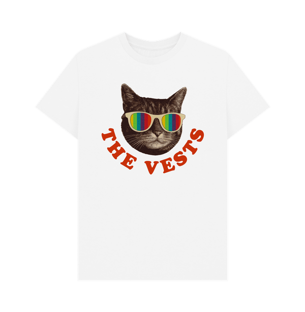 The Vests unisex classic T-shirt in white with red text and the cool cat logo