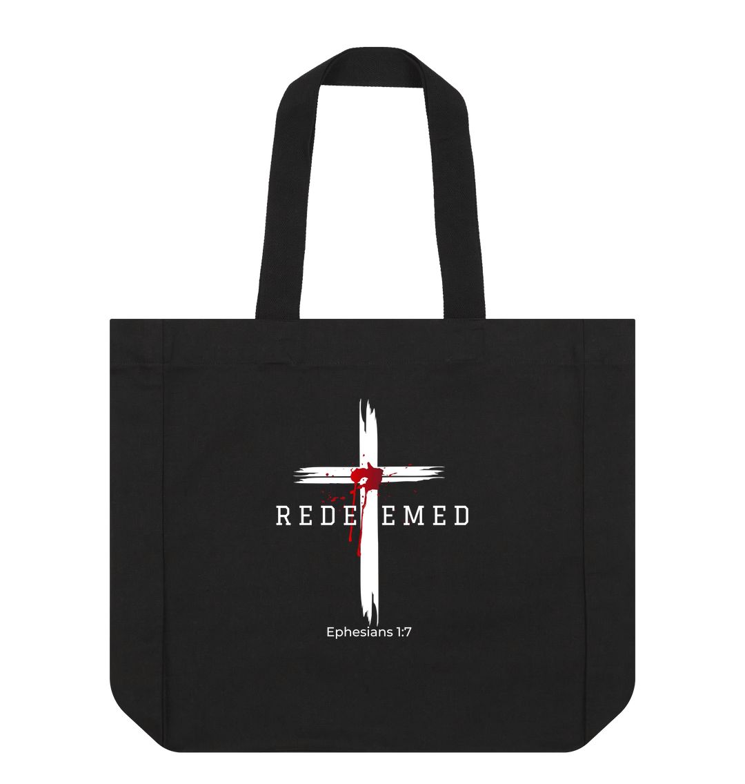 Ephesians 1:7 - Redeemed by the blood of Jesus Organic cotton shopping tote bag