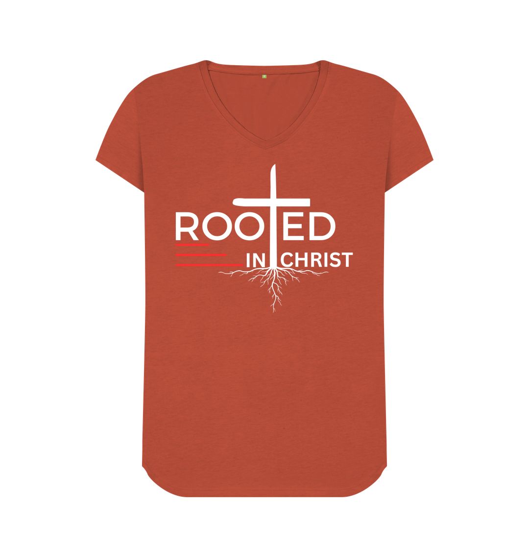 Colossians 2:7 - Rooted in Christ Organic cotton Women's V-Neck T-shirt