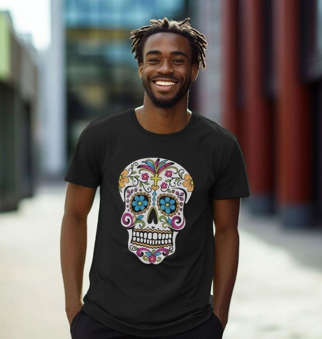 Vintage Day Of The Dead Skull Print V-Neck T-Shirt