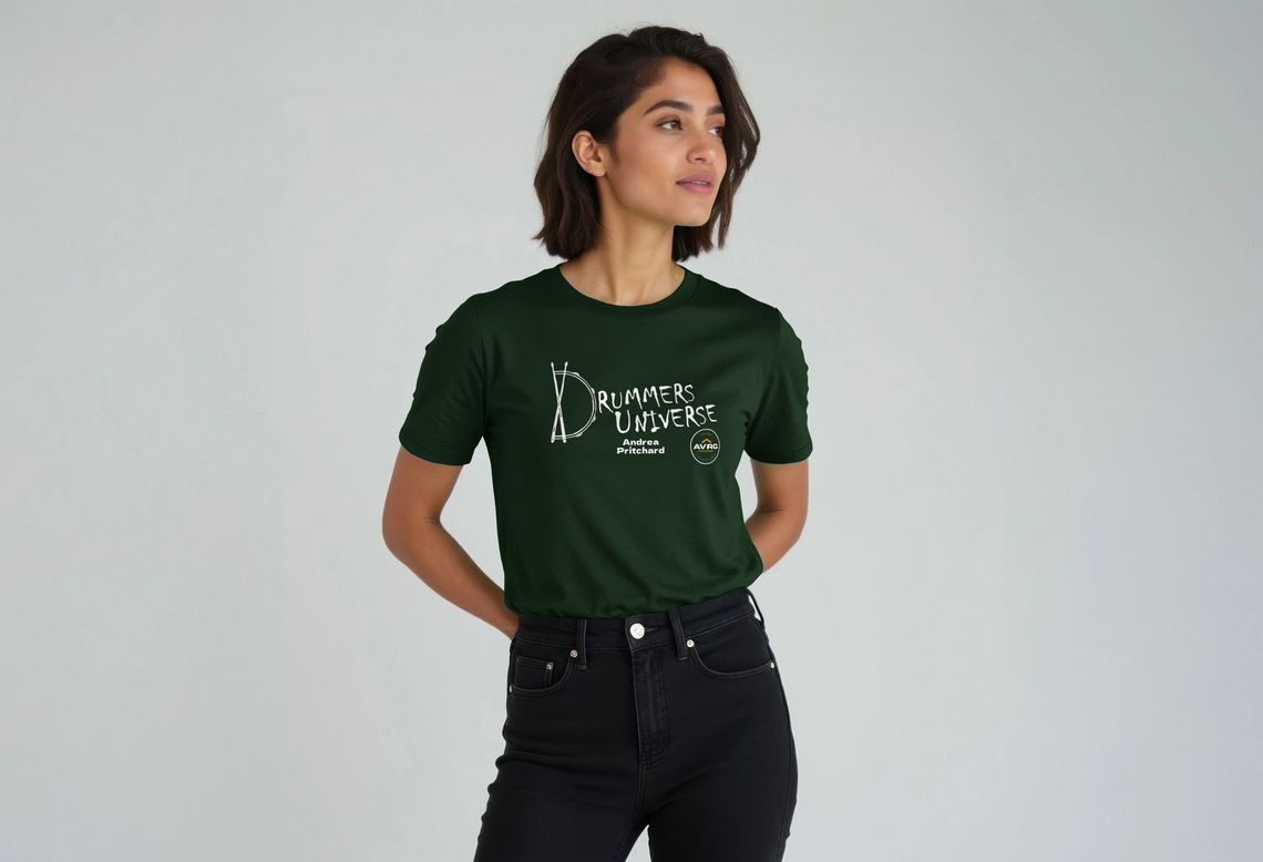 woman wearing a Drummers Universe and Above Average Clothing tee, customised with her name on the front with the logo woman wearing a Drummers Universe and Above Average Clothing tee, customised with her name on the front with the logo