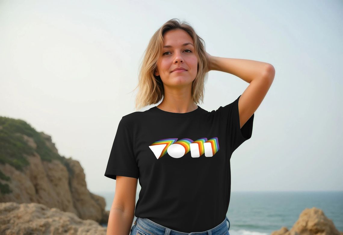 woman wearing a black tee from Above Average Clothing featuring Vicky O'Neon's rainbow VON logo woman wearing a black tee from Above Average Clothing featuring Vicky O'Neon's rainbow VON logo