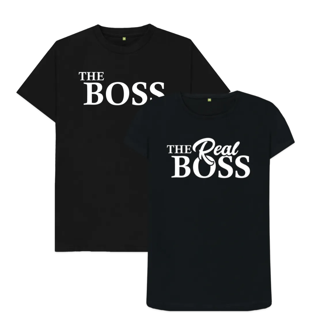 thumbnail image 2 of Boss Real Boss Funny Couple Shirts – Matching Black Tees For Him & Her By SilkRoadTees 2 of 6