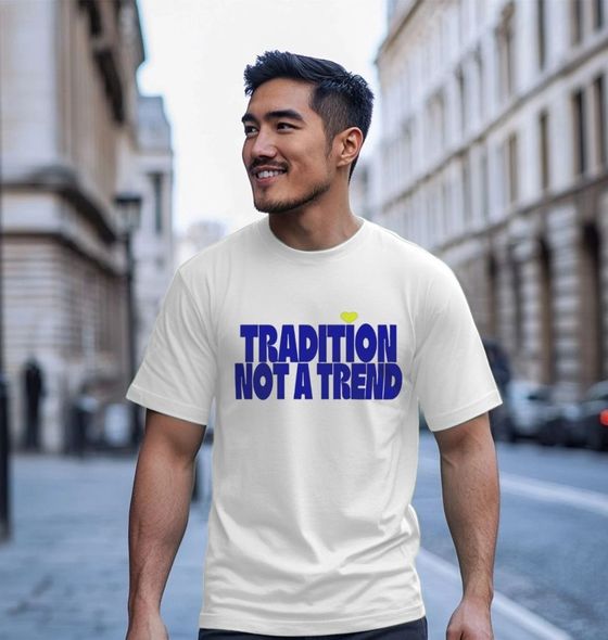 Model wearing the Tradition Not A Trend tee