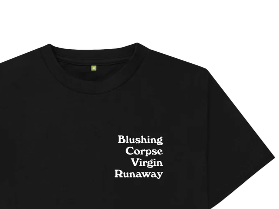 The Bride Tee in black with white printing from Branded + Moniker featuring: blushing, corpse, virgin and runaway.