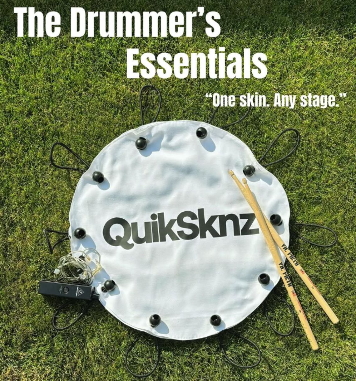Quiksknz advertisement showing a bass drum wrap