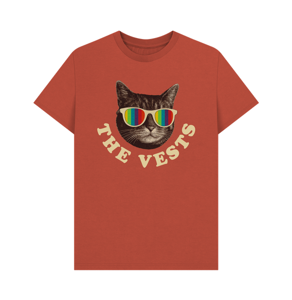 The Vests unisex classic T-shirt in vermilion with off-white text and the cool cat logo