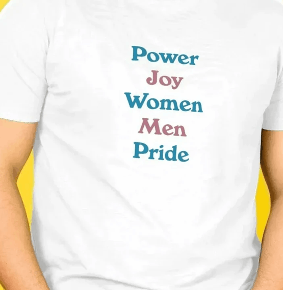 The Trans Rights Now Tee from Branded + Moniker saying: power, joy, women, men and pride.